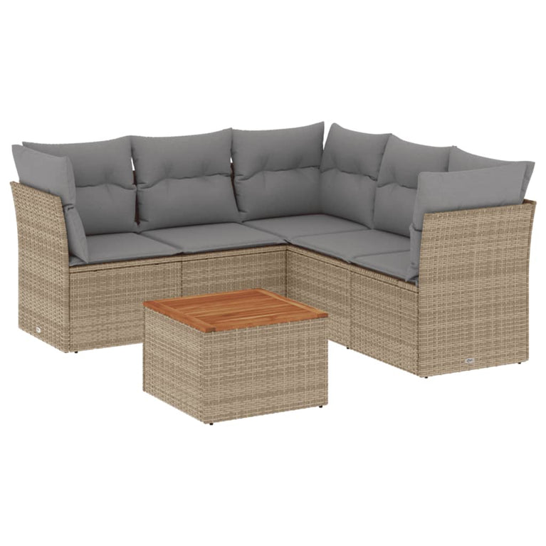 6-delige Loungeset met kussens poly rattan gemengd beige