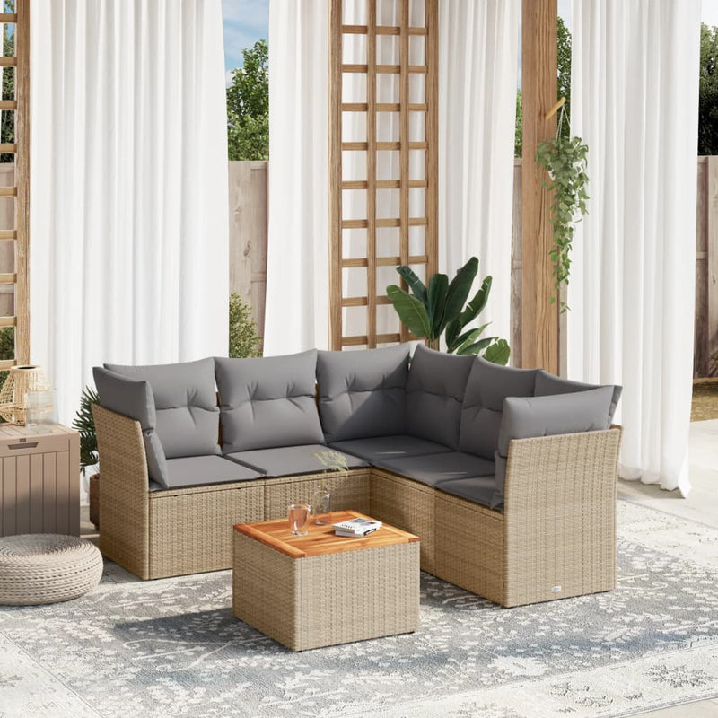 6-delige Loungeset met kussens poly rattan gemengd beige
