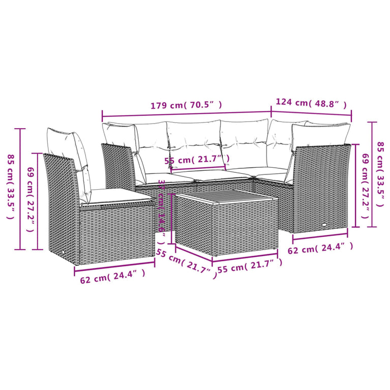 6-delige Loungeset met kussens poly rattan zwart