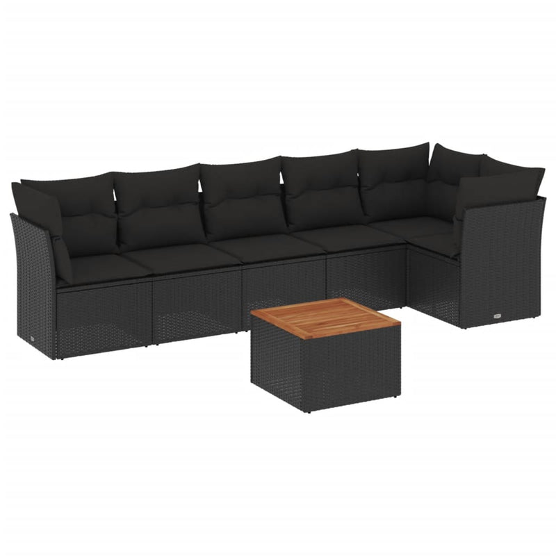 7-delige Loungeset met kussens poly rattan zwart