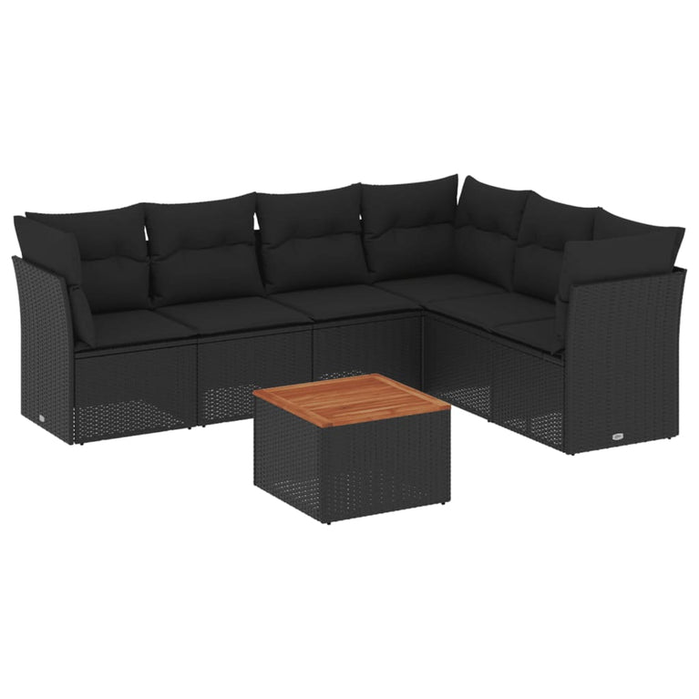 7-delige Loungeset met kussens poly rattan zwart