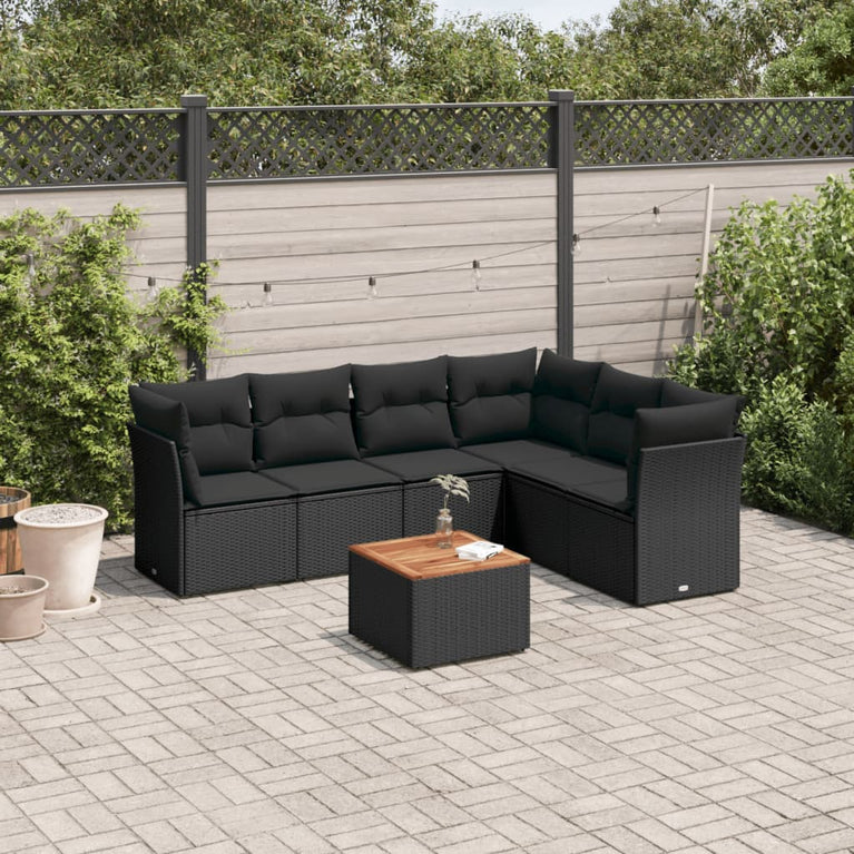7-delige Loungeset met kussens poly rattan zwart