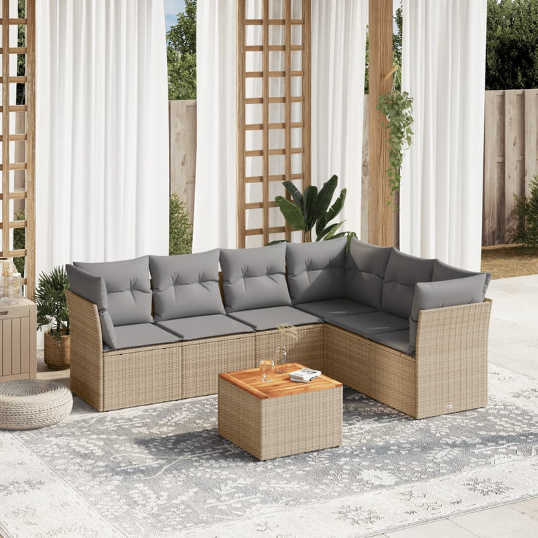 7-delige Loungeset met kussens poly rattan gemengd beige