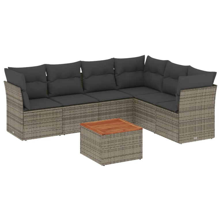 7-delige Loungeset met kussens poly rattan grijs