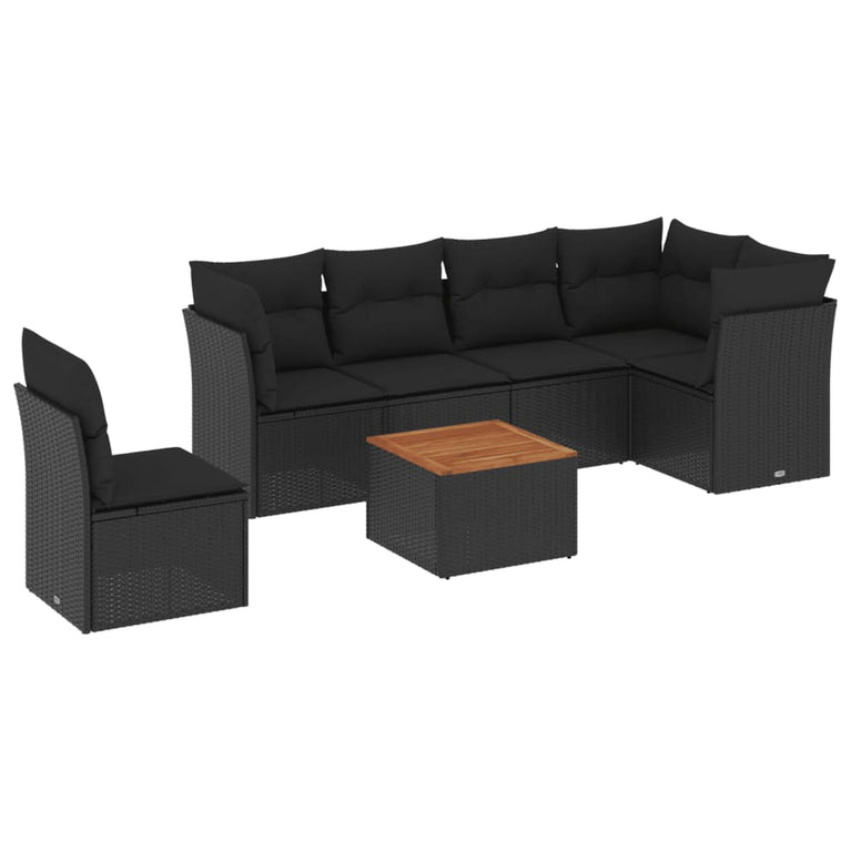 7-delige Loungeset met kussens poly rattan zwart