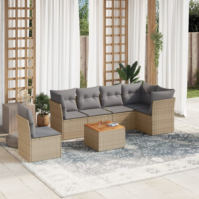7-delige Loungeset met kussens poly rattan gemengd beige