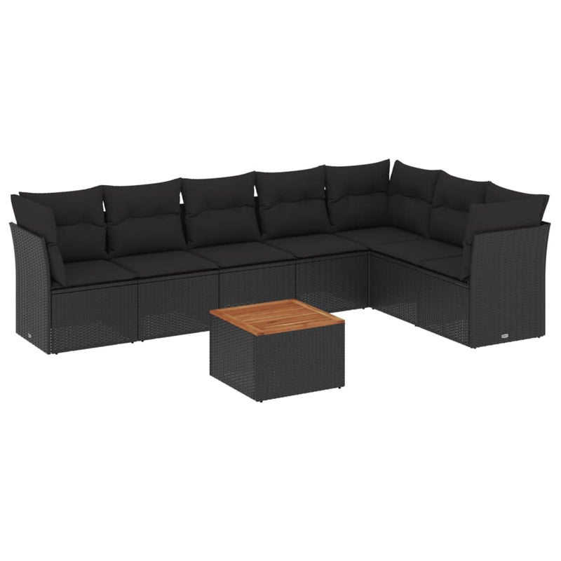 8-delige Loungeset met kussens poly rattan zwart