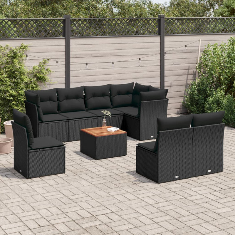 9-delige Loungeset met kussens poly rattan zwart