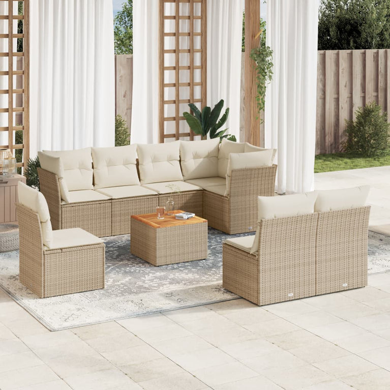 9-delige Loungeset met kussens poly rattan beige