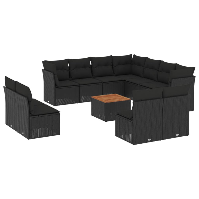 12-delige Loungeset met kussens poly rattan zwart