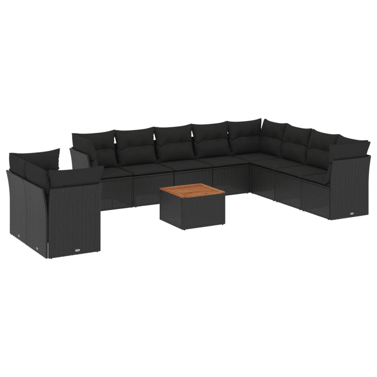 11-delige Loungeset met kussens poly rattan zwart