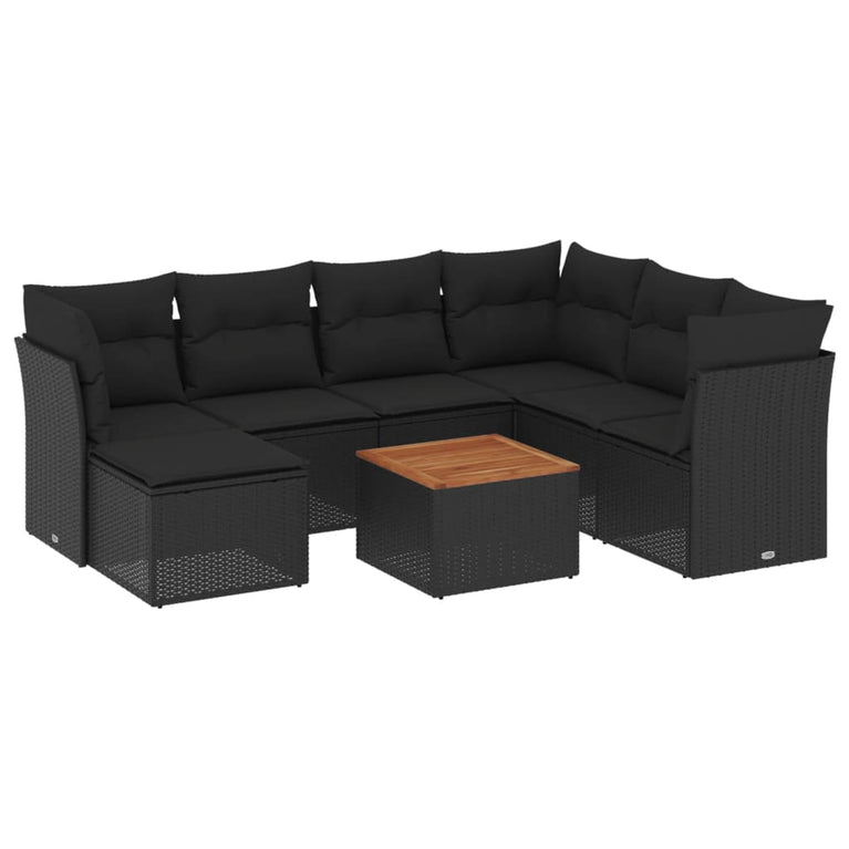 8-delige Loungeset met kussens poly rattan zwart