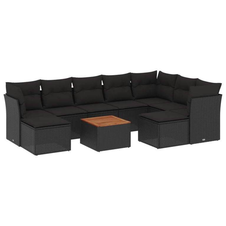 10-delige Loungeset met kussens poly rattan zwart