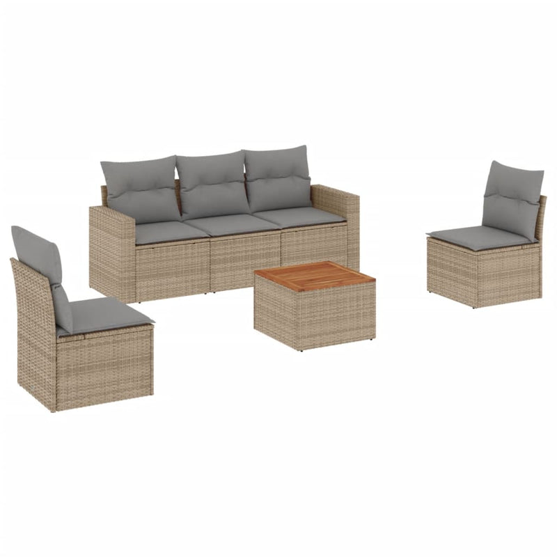 6-delige Loungeset met kussens poly rattan gemengd beige