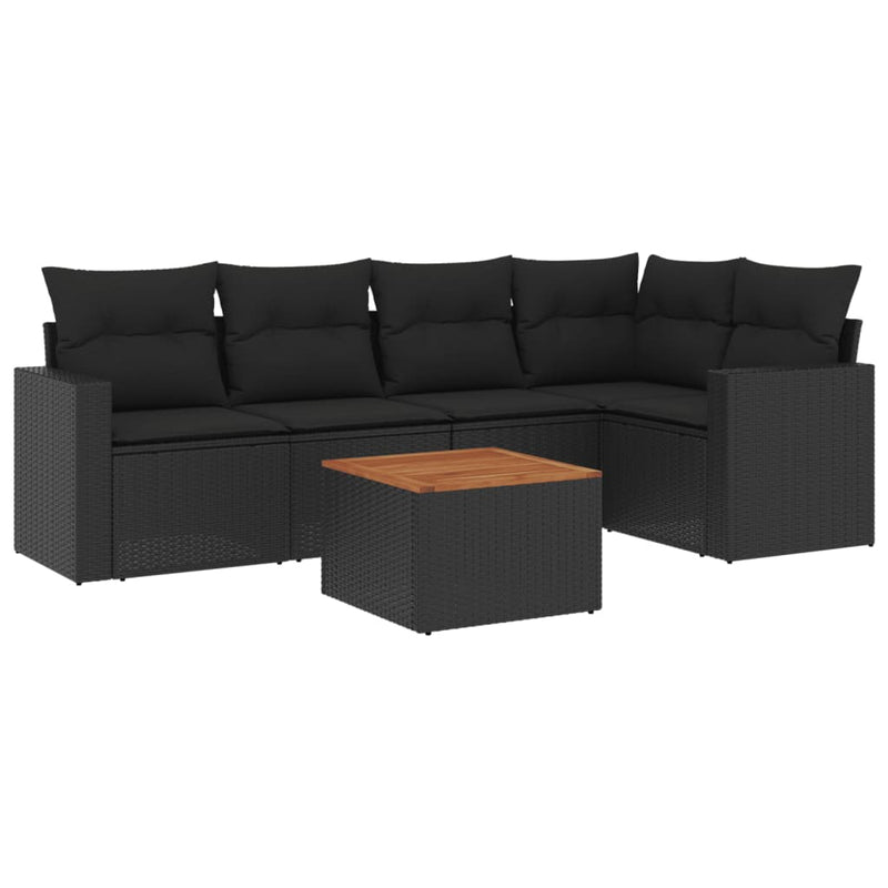6-delige Loungeset met kussens poly rattan zwart