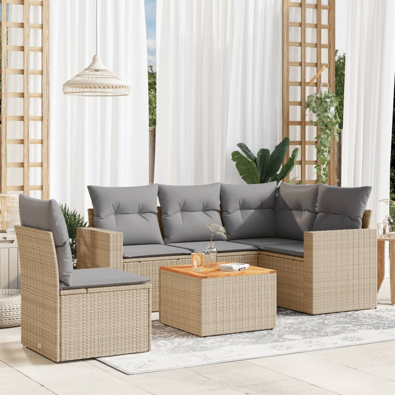 6-delige Loungeset met kussens poly rattan gemengd beige