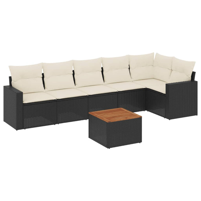 7-delige Loungeset met kussens poly rattan zwart