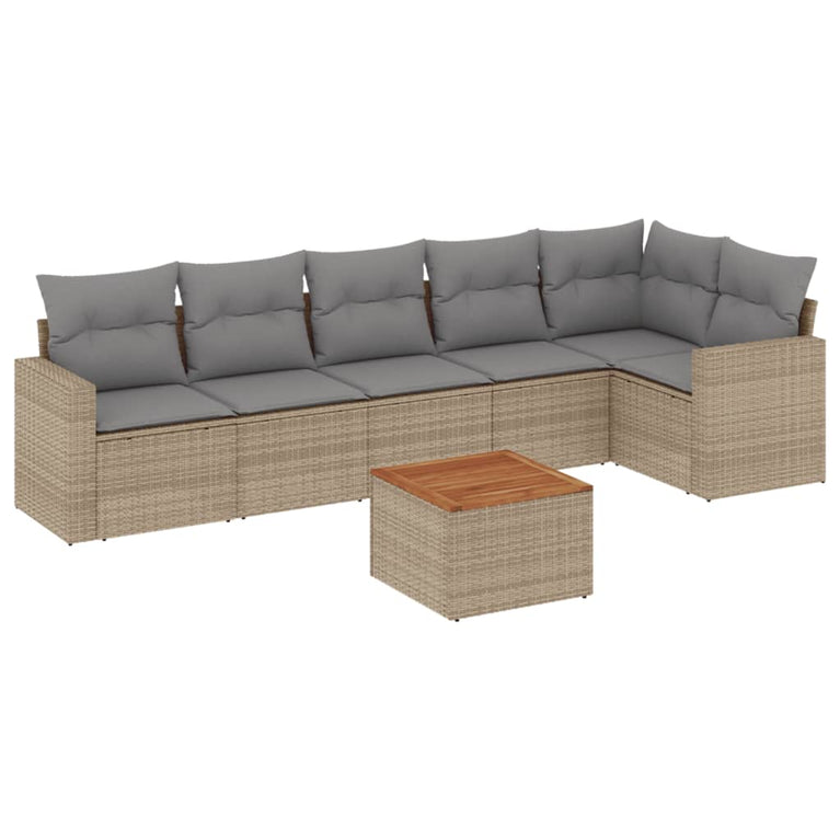 7-delige Loungeset met kussens poly rattan gemengd beige