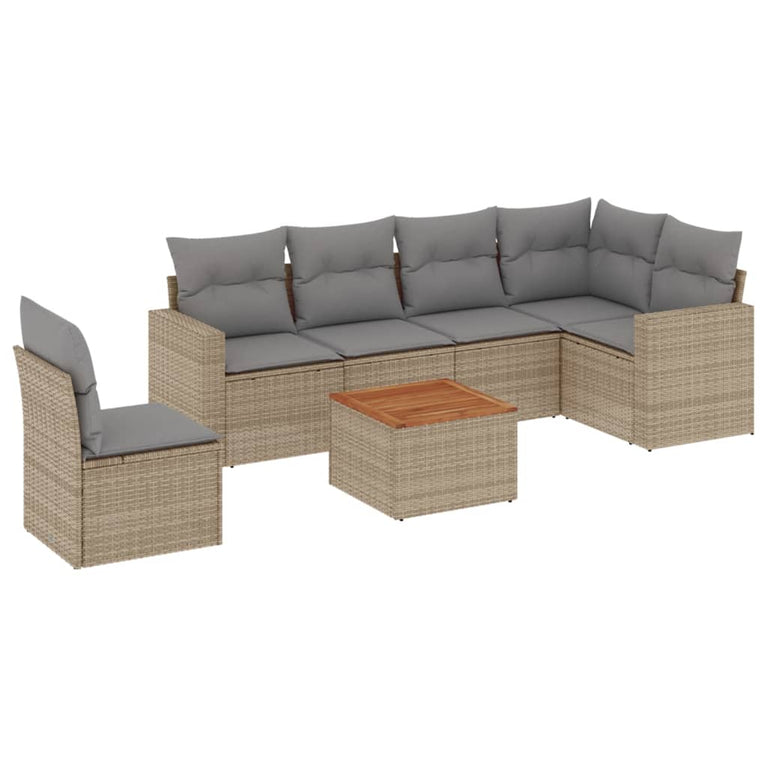 7-delige Loungeset met kussens poly rattan gemengd beige