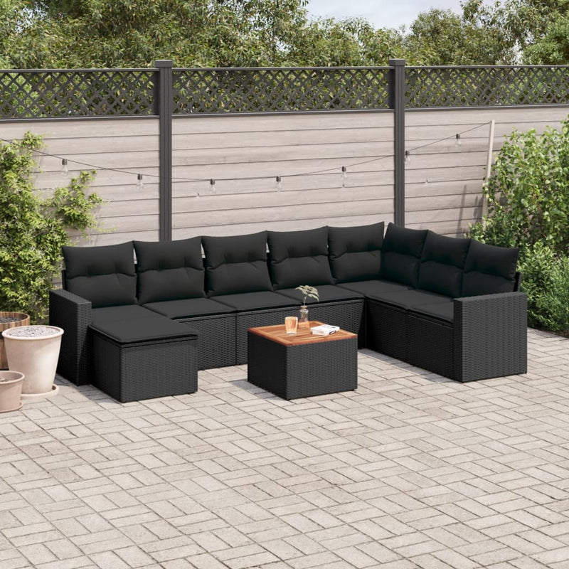 10-delige Loungeset met kussens poly rattan zwart