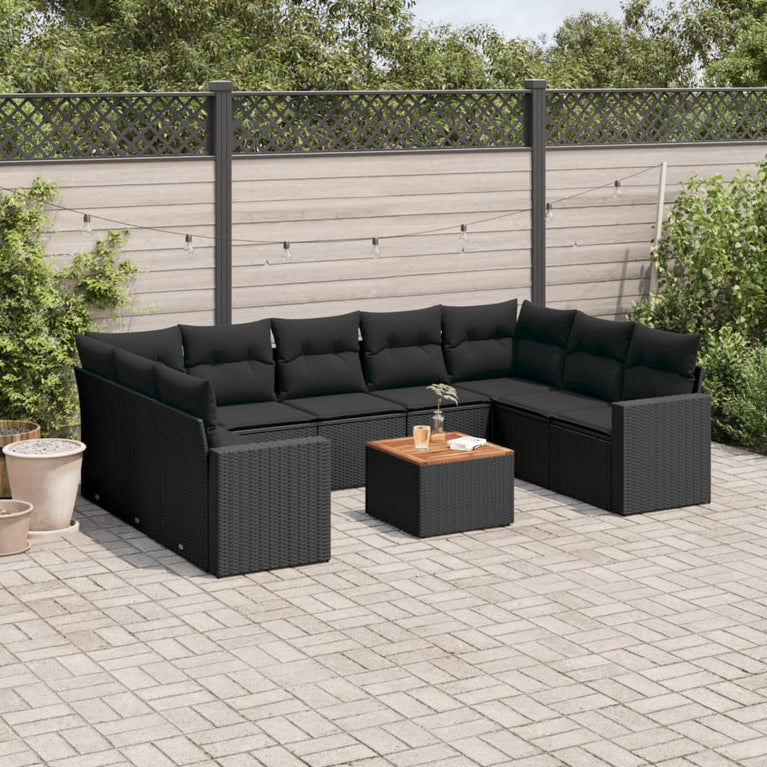 10-delige Loungeset met kussens poly rattan zwart