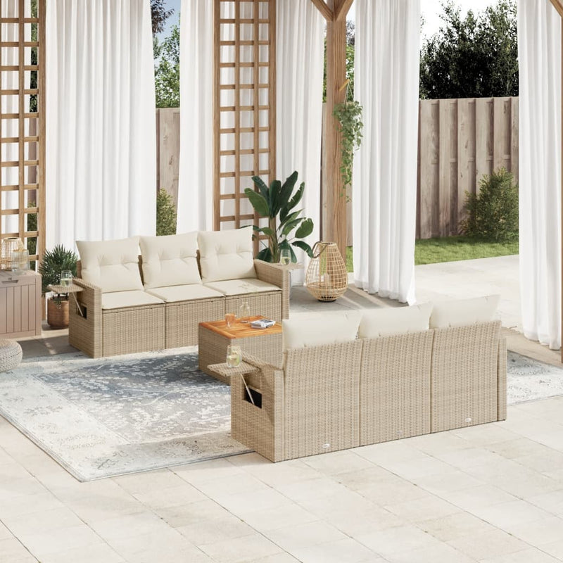 7-delige Loungeset met kussens poly rattan beige