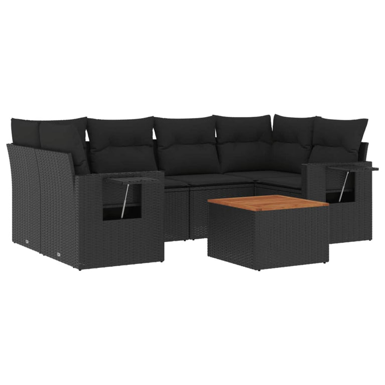 7-delige Loungeset met kussens poly rattan zwart