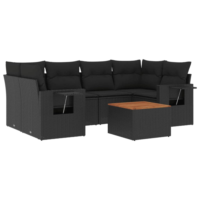 7-delige Loungeset met kussens poly rattan zwart