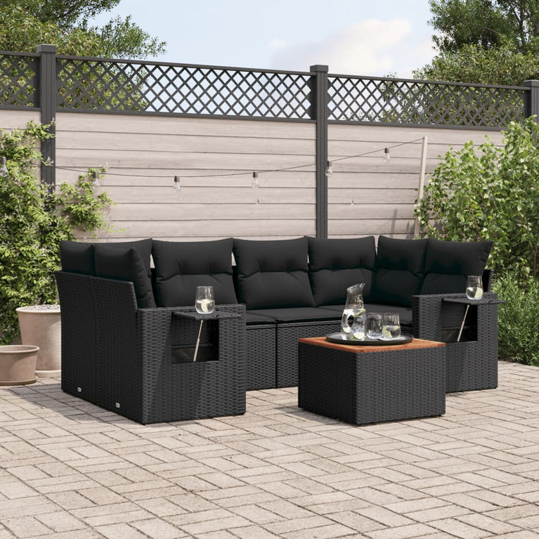 7-delige Loungeset met kussens poly rattan zwart
