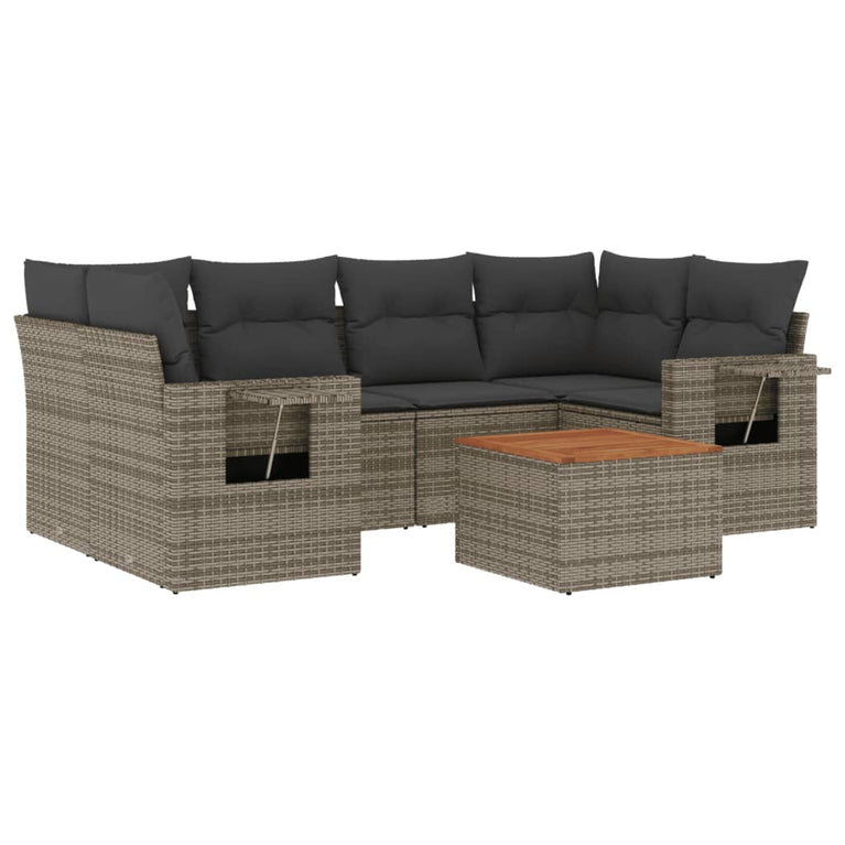 7-delige Loungeset met kussens poly rattan grijs