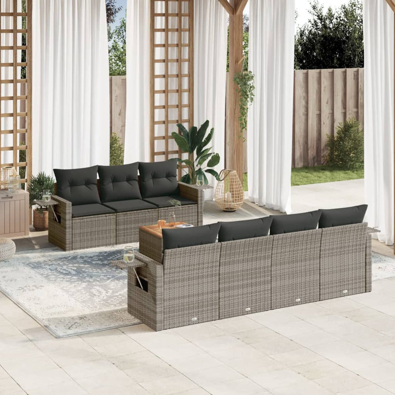 8-delige Loungeset met kussens poly rattan grijs