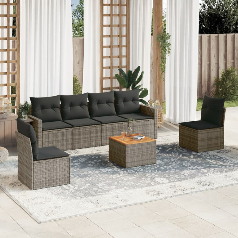 7-delige Loungeset met kussens poly rattan grijs
