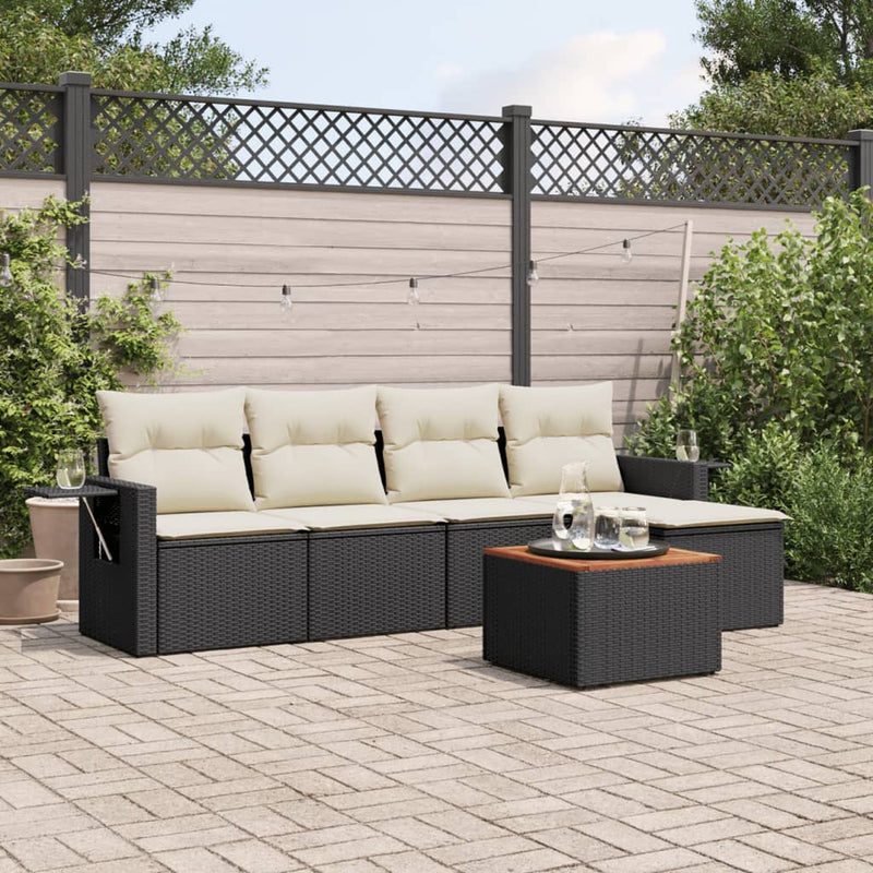6-delige Loungeset met kussens poly rattan zwart
