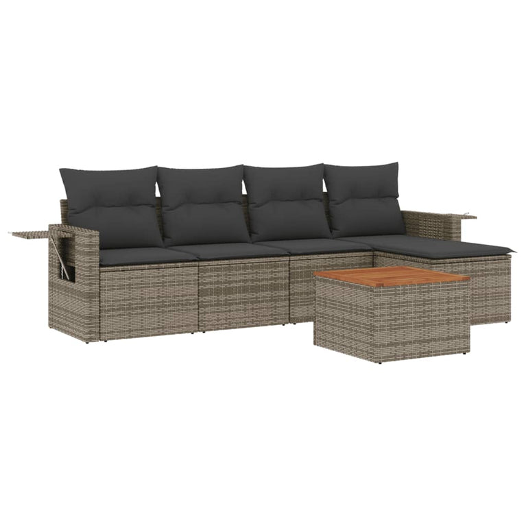 6-delige Loungeset met kussens poly rattan grijs