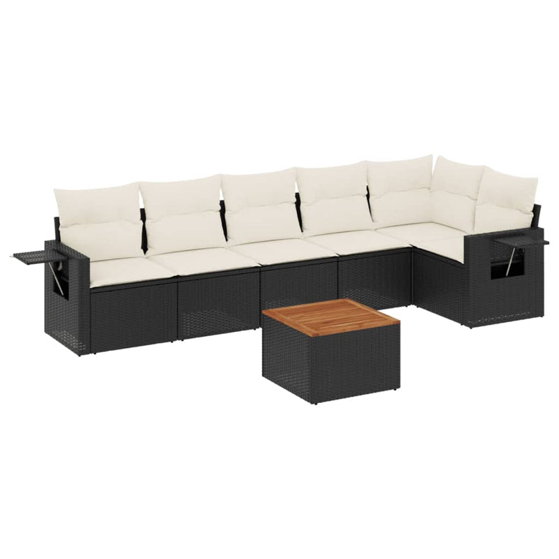 7-delige Loungeset met kussens poly rattan zwart
