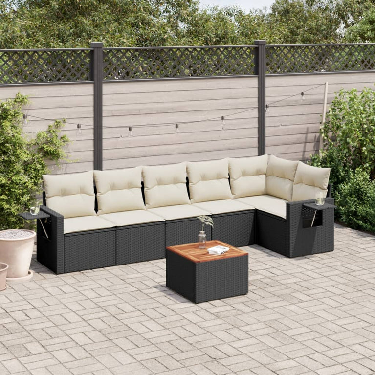 7-delige Loungeset met kussens poly rattan zwart