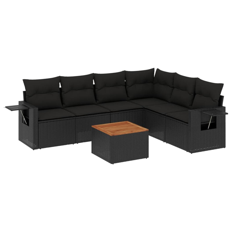 7-delige Loungeset met kussens poly rattan zwart