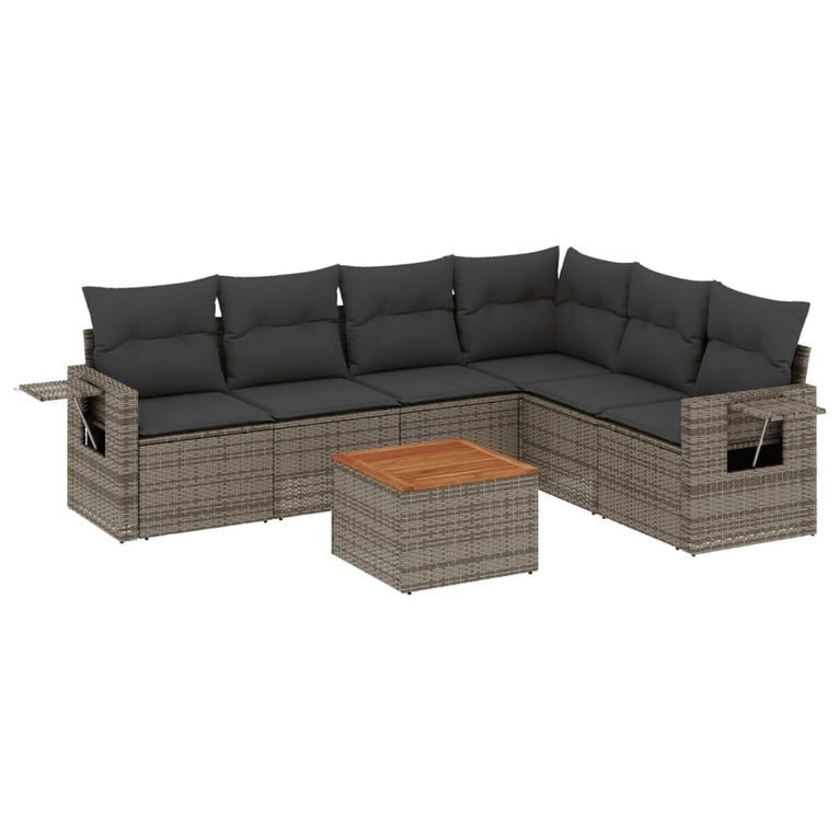 7-delige Loungeset met kussens poly rattan grijs