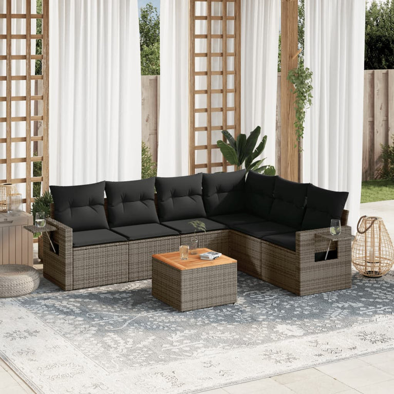 7-delige Loungeset met kussens poly rattan grijs
