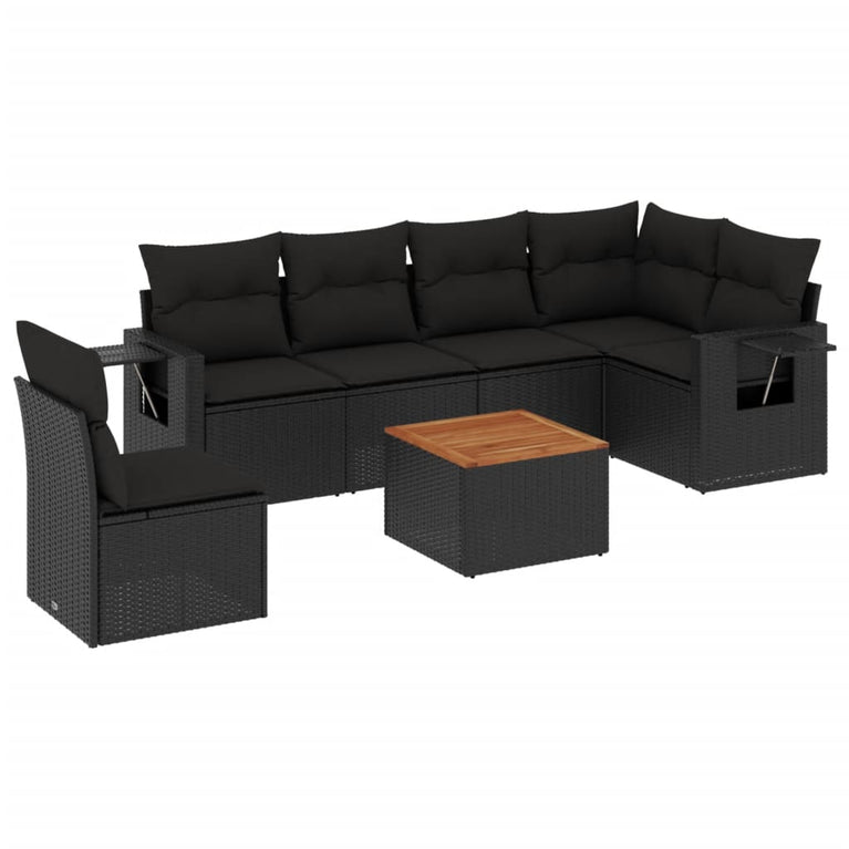 7-delige Loungeset met kussens poly rattan zwart