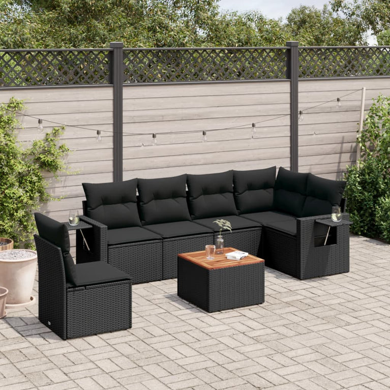 7-delige Loungeset met kussens poly rattan zwart