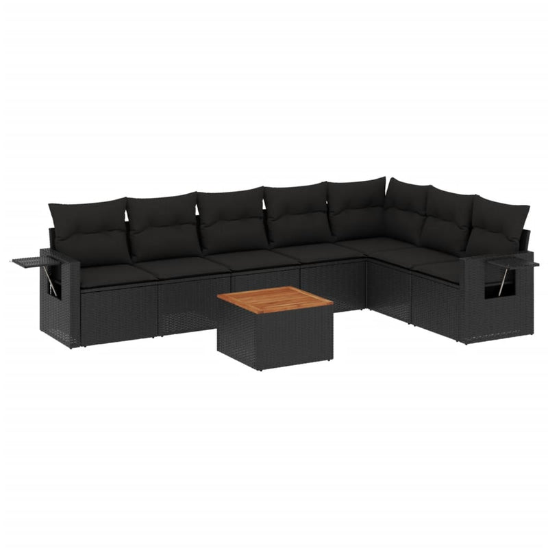 8-delige Loungeset met kussens poly rattan zwart
