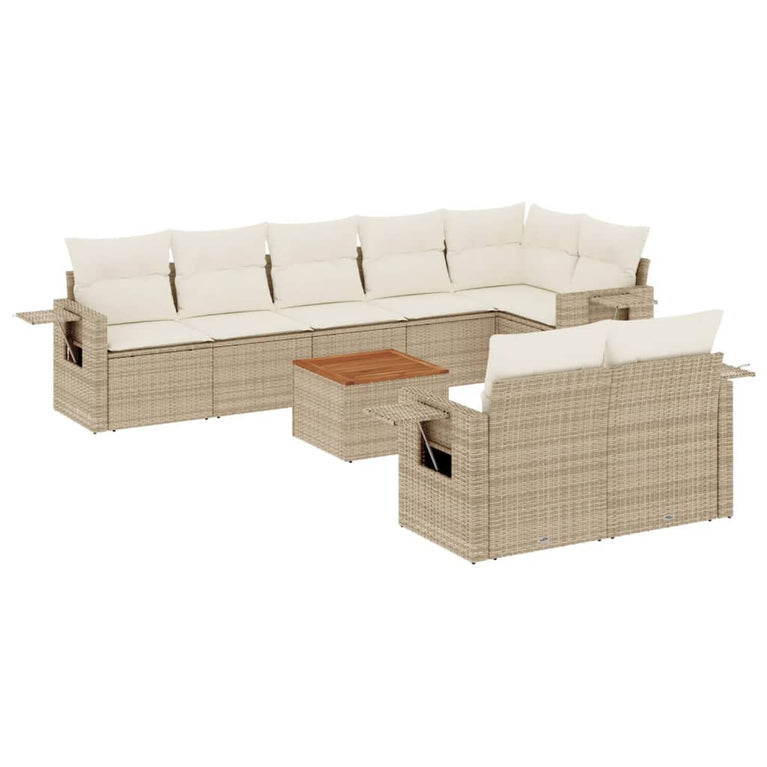 9-delige Loungeset met kussens poly rattan beige