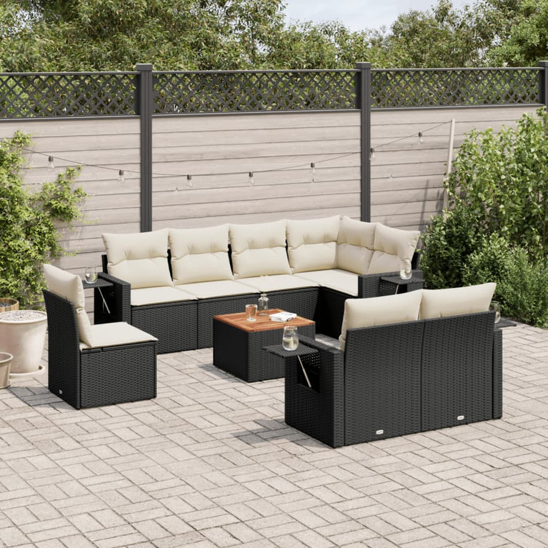 9-delige Loungeset met kussens poly rattan zwart