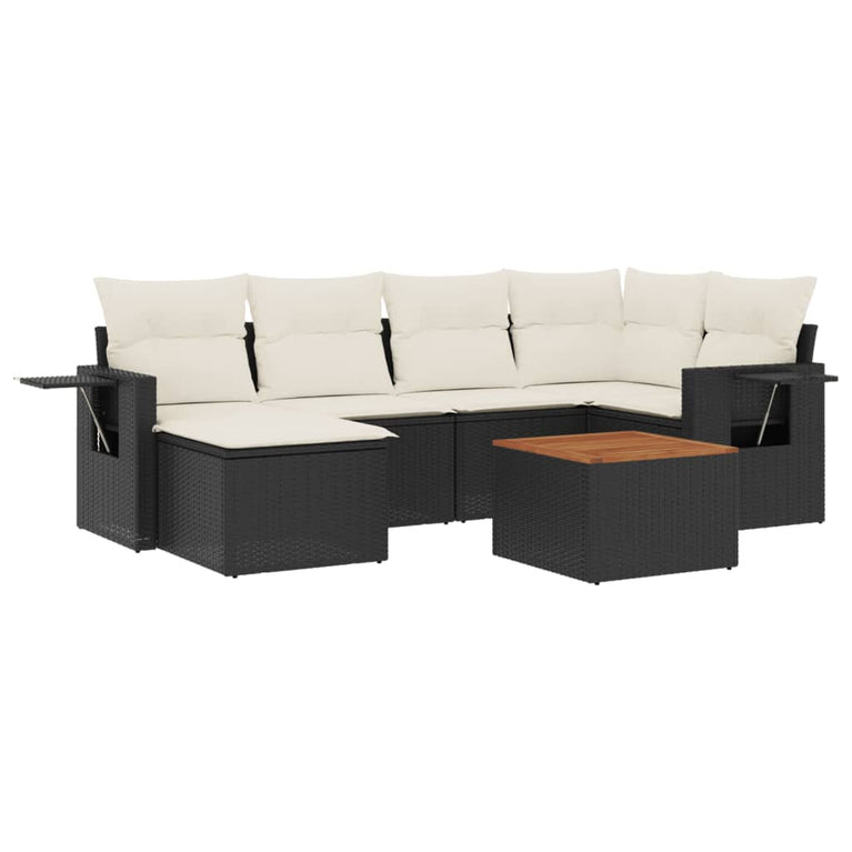 7-delige Loungeset met kussens poly rattan zwart