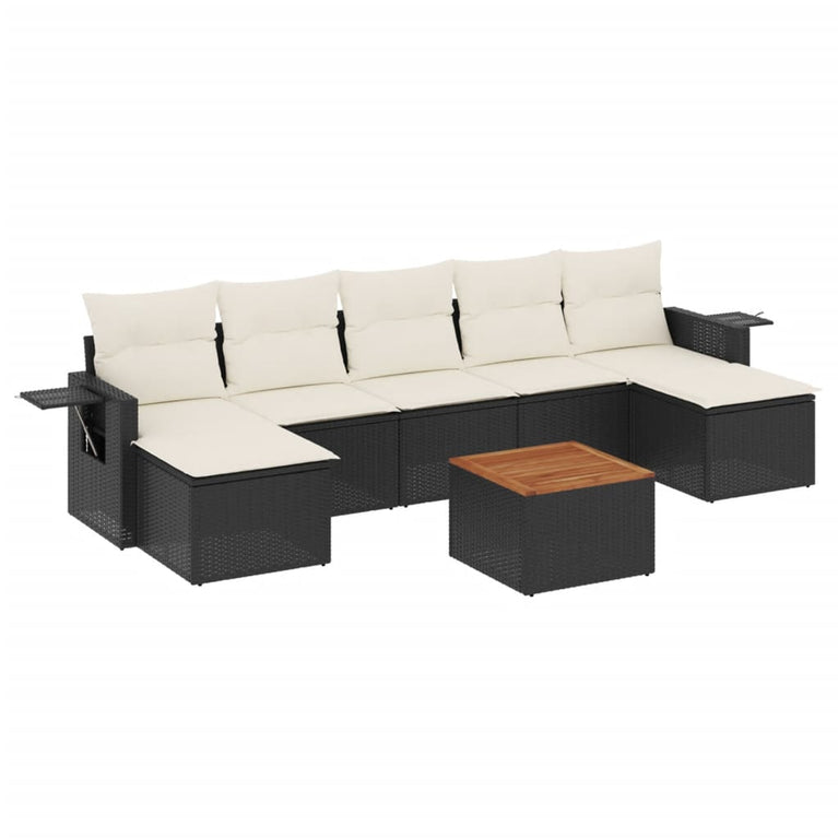 8-delige Loungeset met kussens poly rattan zwart