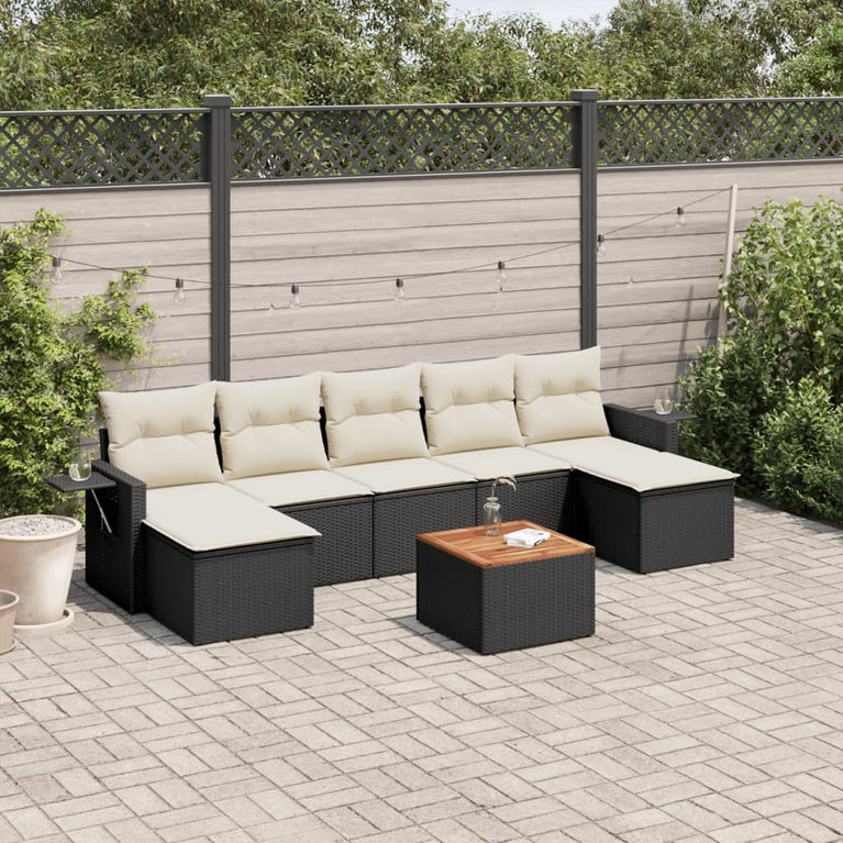 8-delige Loungeset met kussens poly rattan zwart