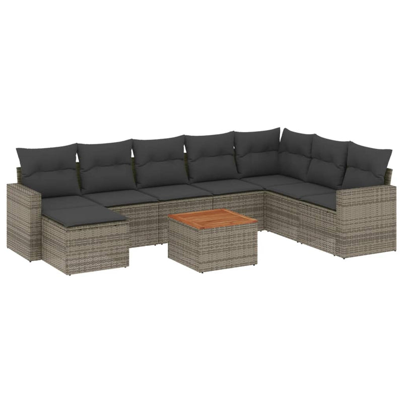 9-delige Loungeset met kussens poly rattan grijs