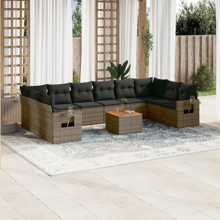 11-delige Loungeset met kussens poly rattan grijs
