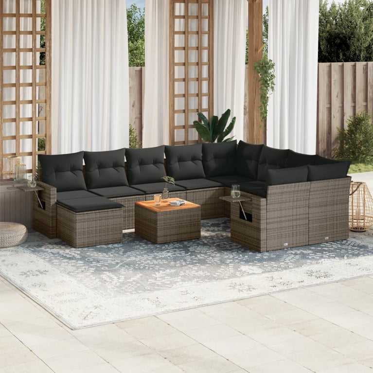 11-delige Loungeset met kussens poly rattan grijs